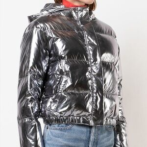 Alice + Olivia Durham Metallic Silver puffer coat.